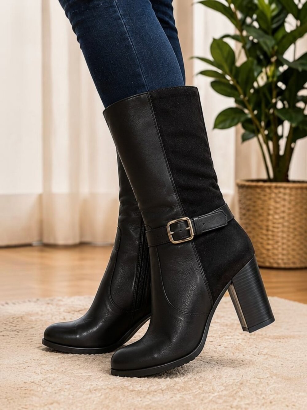 Heart's Collection Women's Mid-Calf Gold Tone Buckle Heeled Boots – Size 9